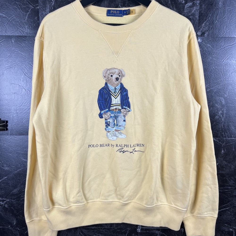 Polo Ralph Lauren Men's Yellow Polo Bear Fleece Sweatshirt Medium -Flaws